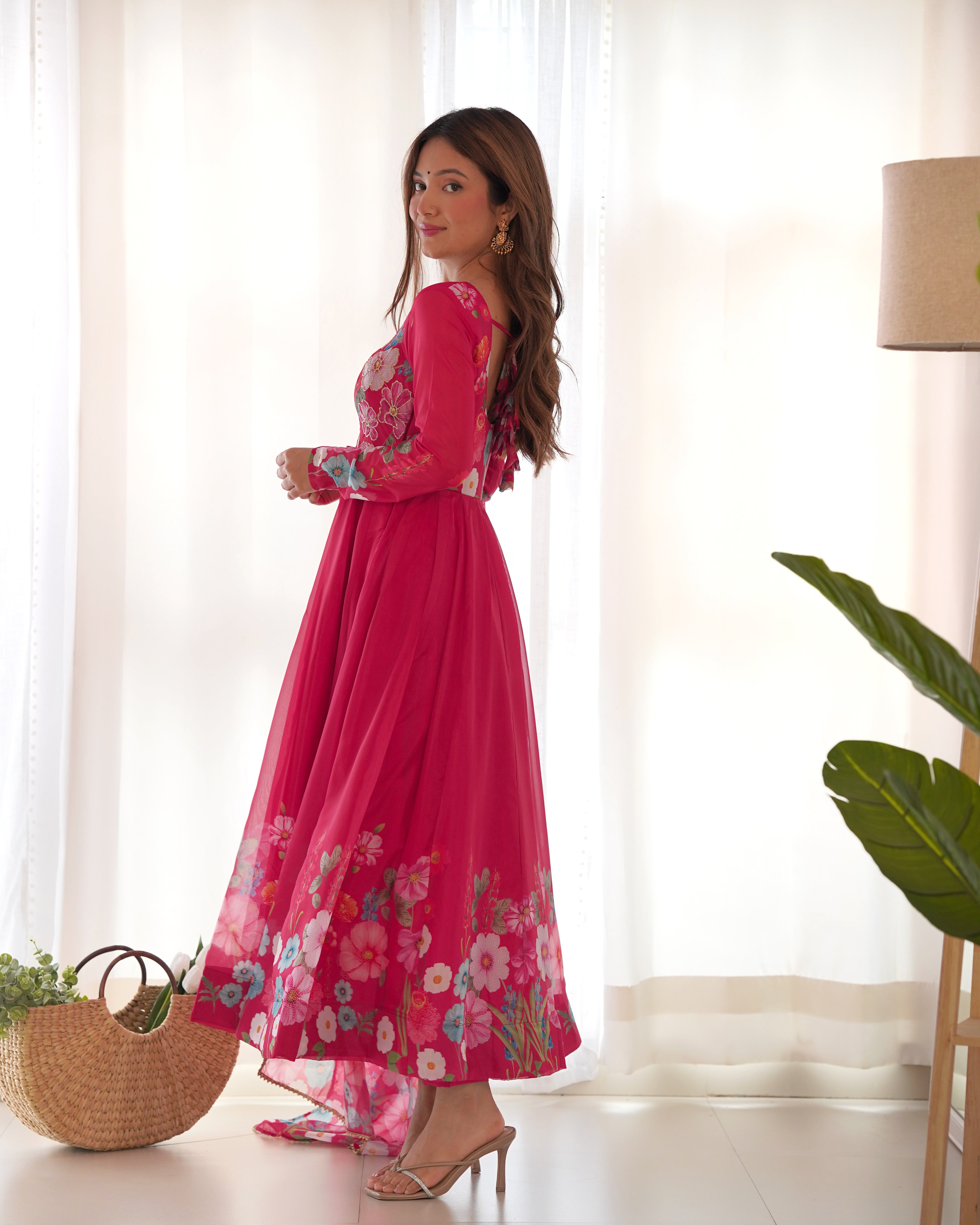 Launching this timeless and classic pink floral printed organza anarkali suit set for the upcoming festivities  and wedding season