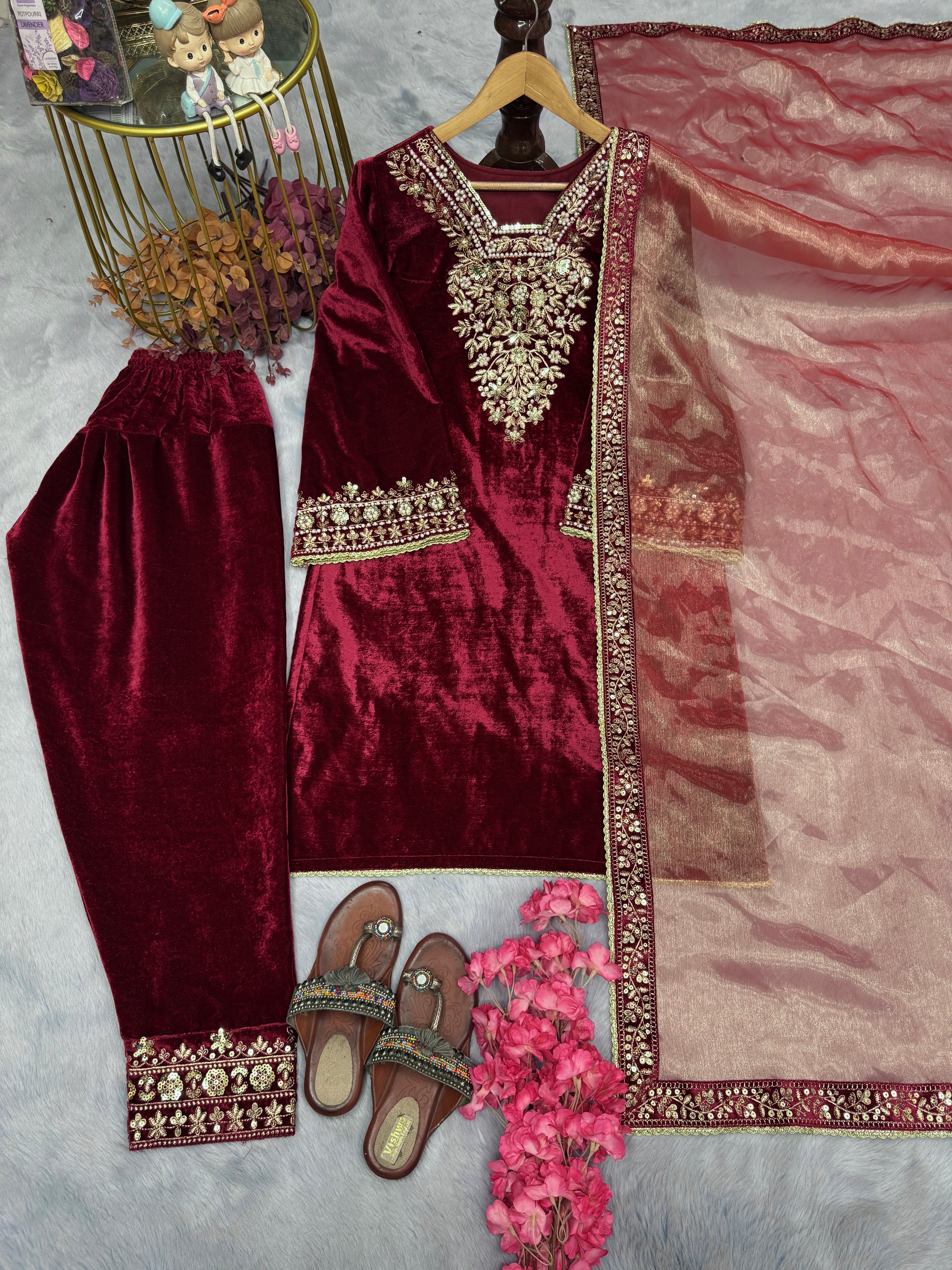 Launching New Designer Party Wear Look Heavy Pure Viscose Velvet Top Bottom & Dupatta Set