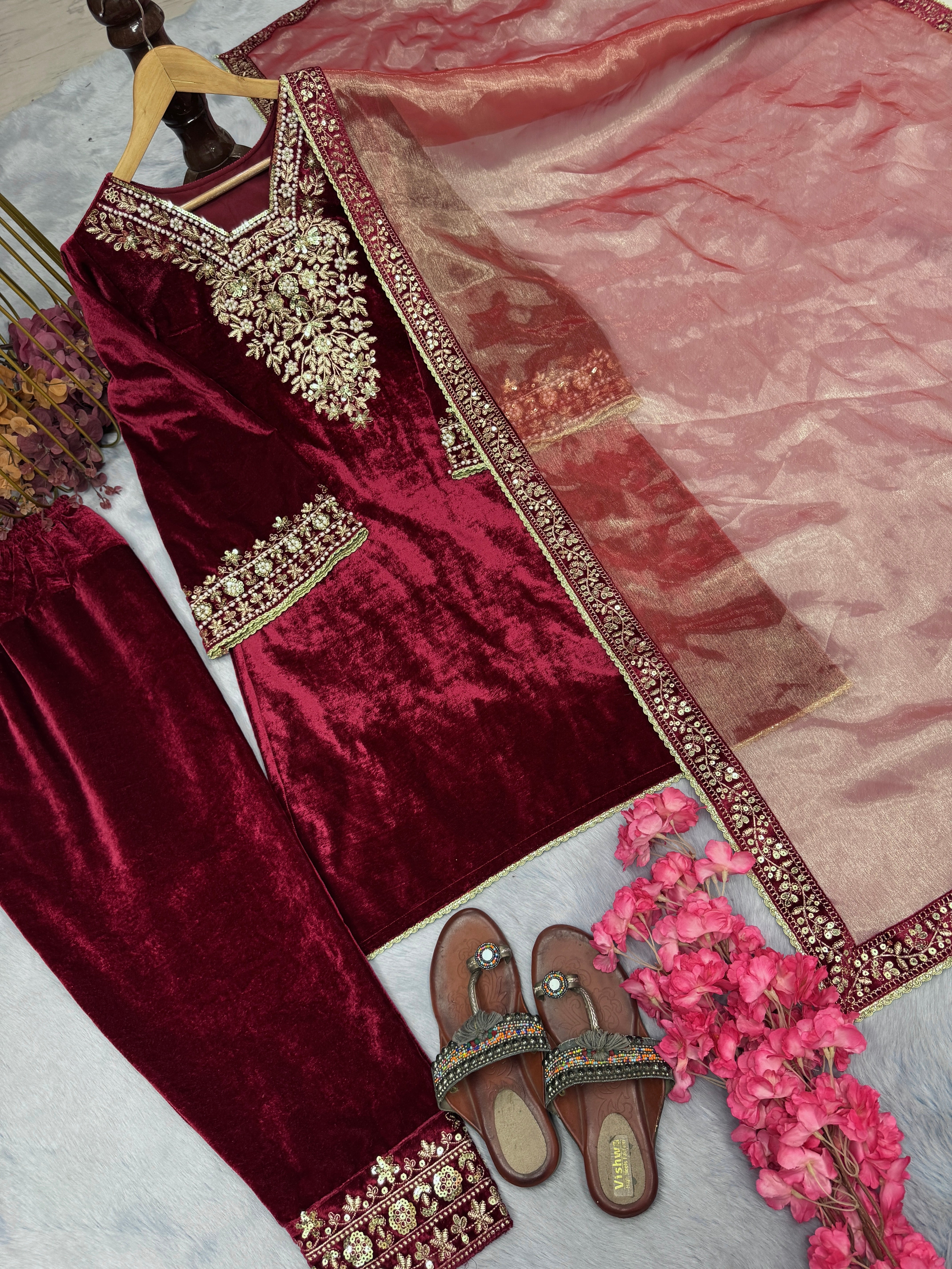 Launching New Designer Party Wear Look Heavy Pure Viscose Velvet Top Bottom & Dupatta Set