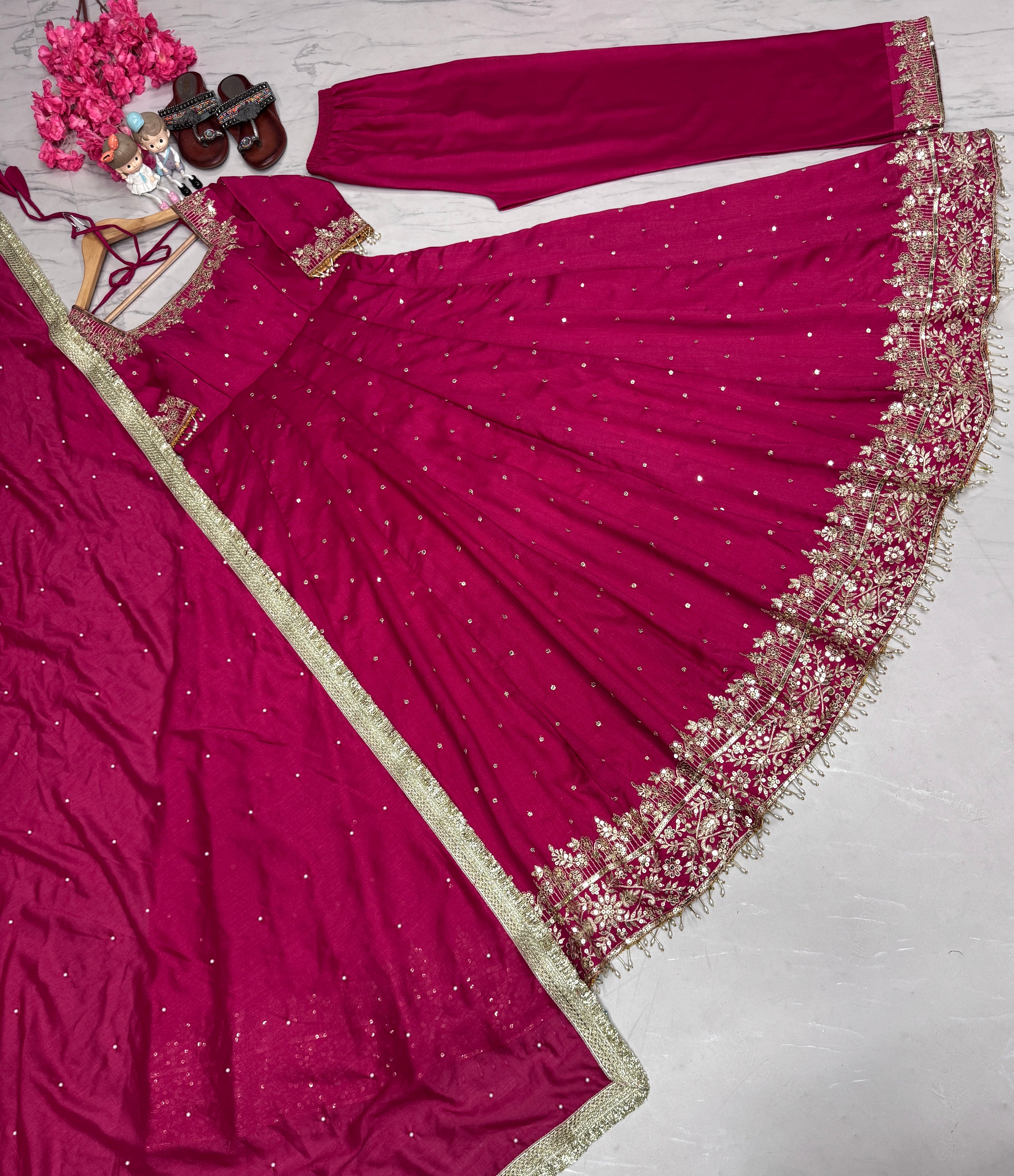 Launching New Party Wear Look Pur Vichitra Silk Anarkali Gown,Dupatta & Pent Plazzo Set