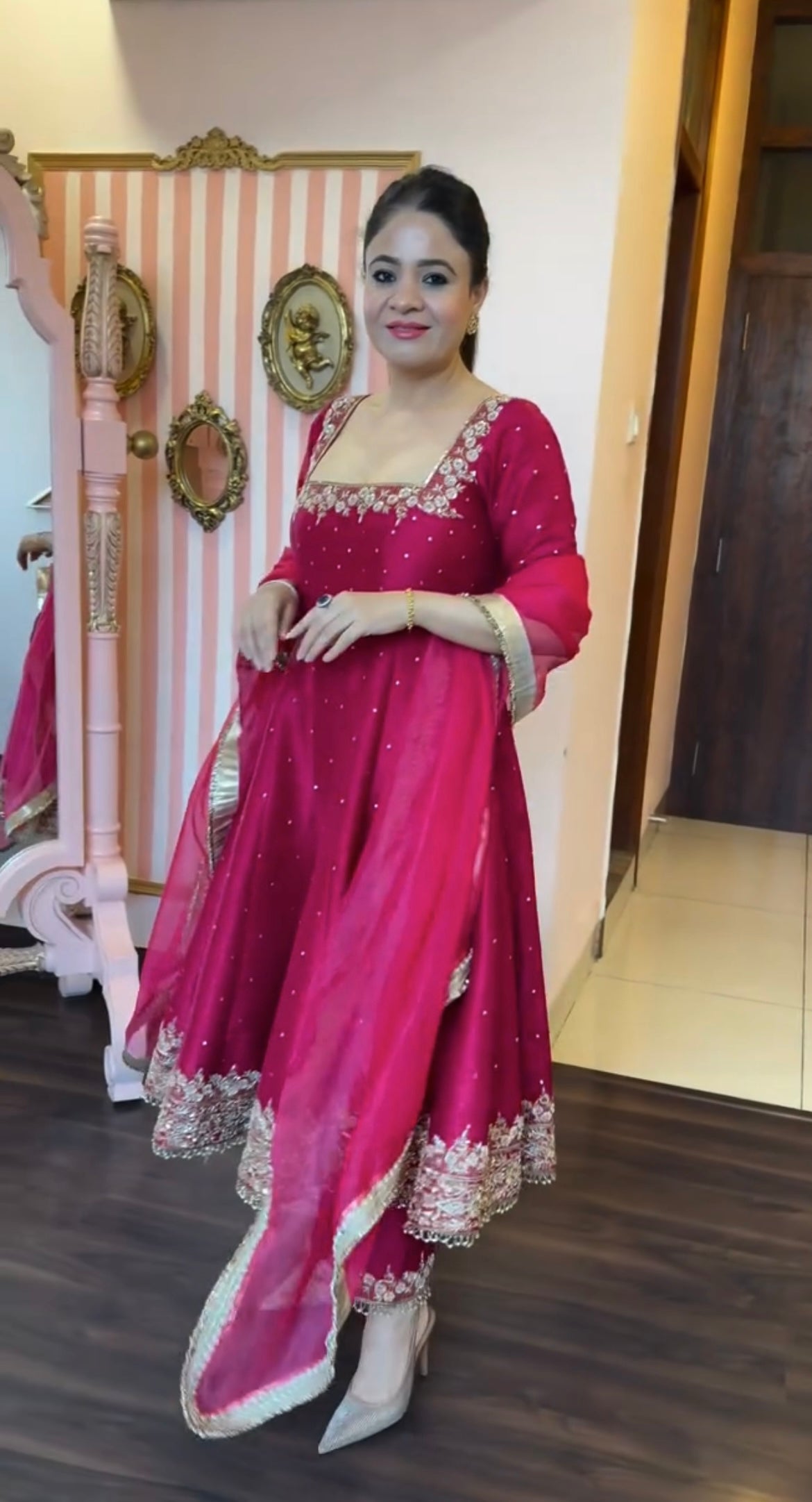 Launching New Party Wear Look Pur Vichitra Silk Anarkali Gown,Dupatta & Pent Plazzo Set