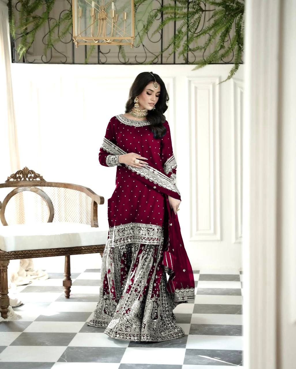 Presenting New  Heavy Embroidery Sequence Work Top-Gharara And Dupatta Set Fully Stitched Ready To Wear Collection