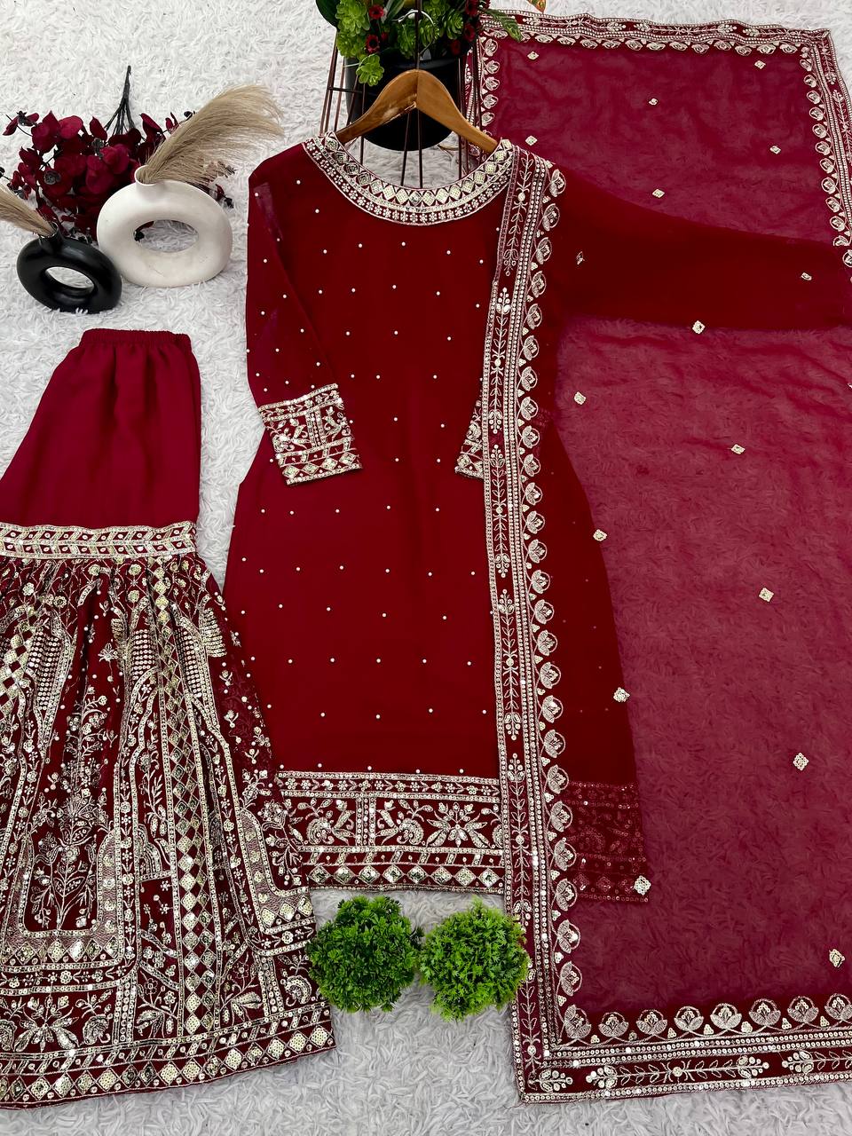 Presenting New  Heavy Embroidery Sequence Work Top-Gharara And Dupatta Set Fully Stitched Ready To Wear Collection