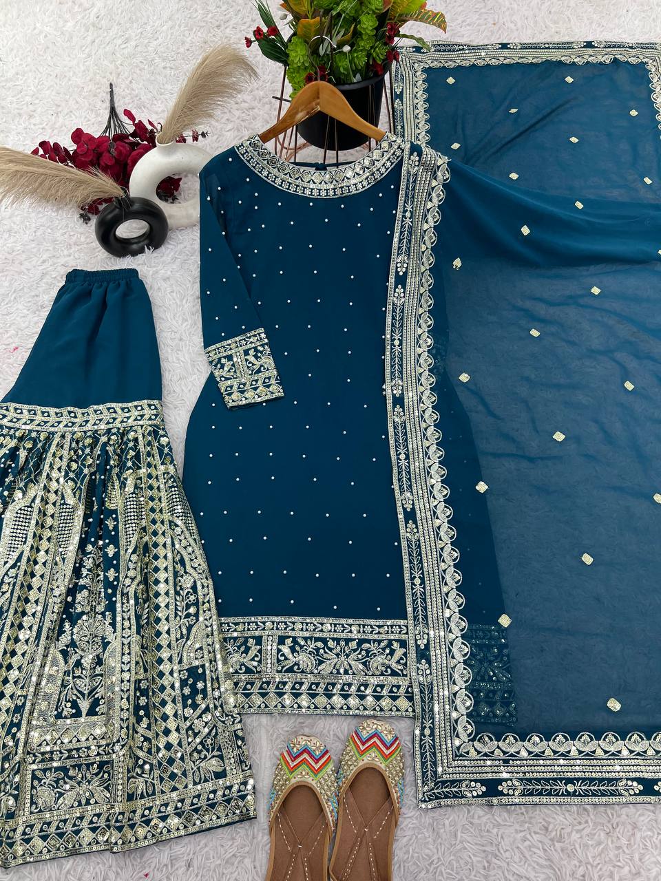 Presenting New  Heavy Embroidery Sequence Work Top-Gharara And Dupatta Set Fully Stitched Ready To Wear Collection