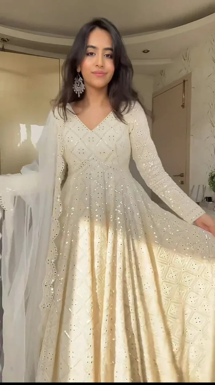 Shimmering White Anarkali Suit in the Latest Style