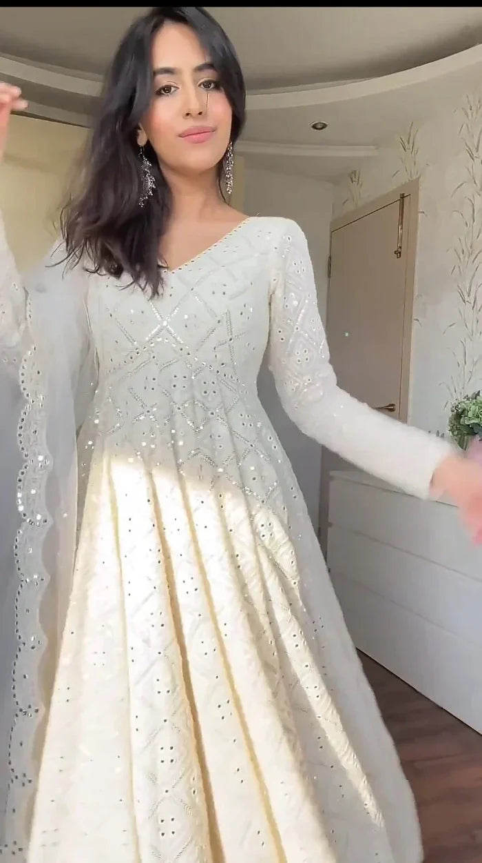 Shimmering White Anarkali Suit in the Latest Style