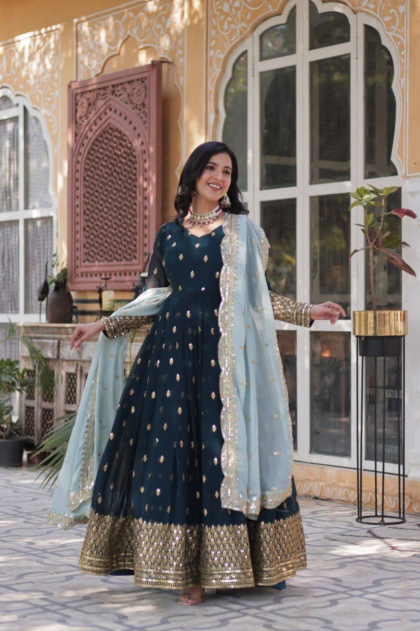 Launching New Designer Party Wear Look Full Heavy Embroidery Sequence Work Gown With Fully Stiched and Dupatta Ready to Wear Collection