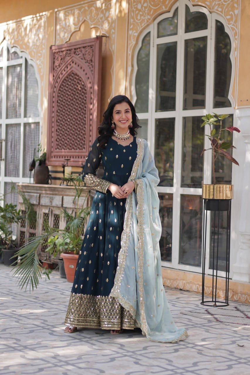 Launching New Designer Party Wear Look Full Heavy Embroidery Sequence Work Gown With Fully Stiched and Dupatta Ready to Wear Collection