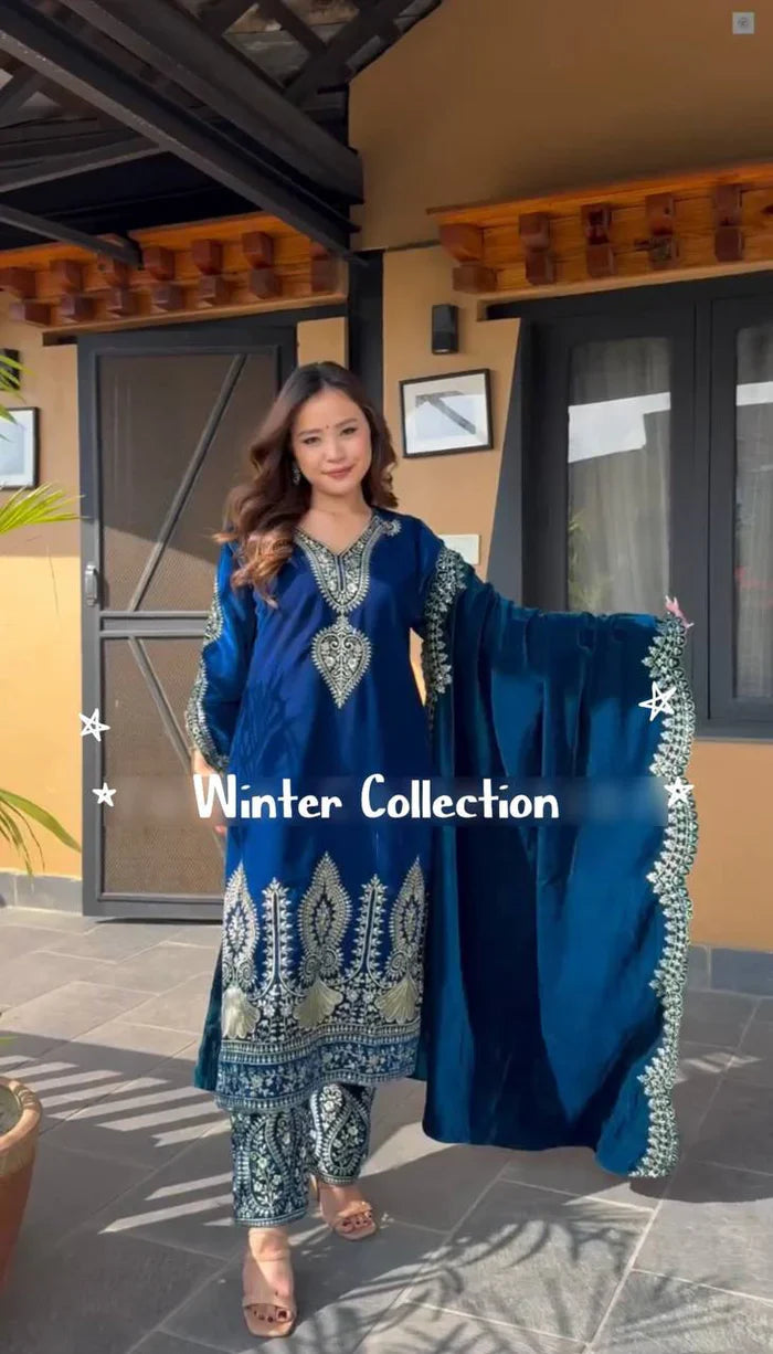 Blue Designer Velvet Suit for the Winter Season