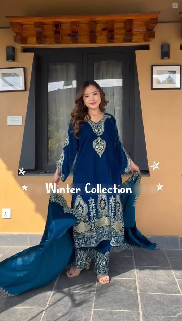 Blue Designer Velvet Suit for the Winter Season