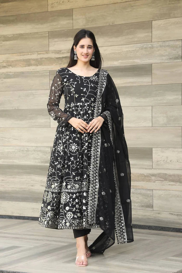 Exquisite Black Heavy Embroidery Anarkali Suit Set