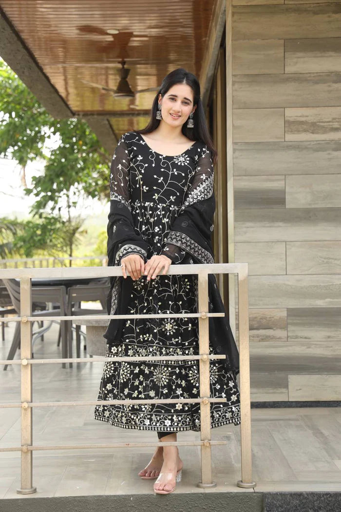 Exquisite Black Heavy Embroidery Anarkali Suit Set