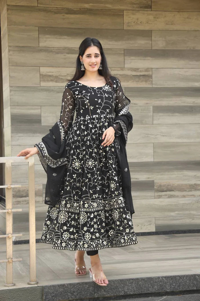 Exquisite Black Heavy Embroidery Anarkali Suit Set