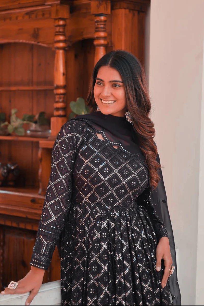 Extraordinary Black Lucknowi Anarkali Suit