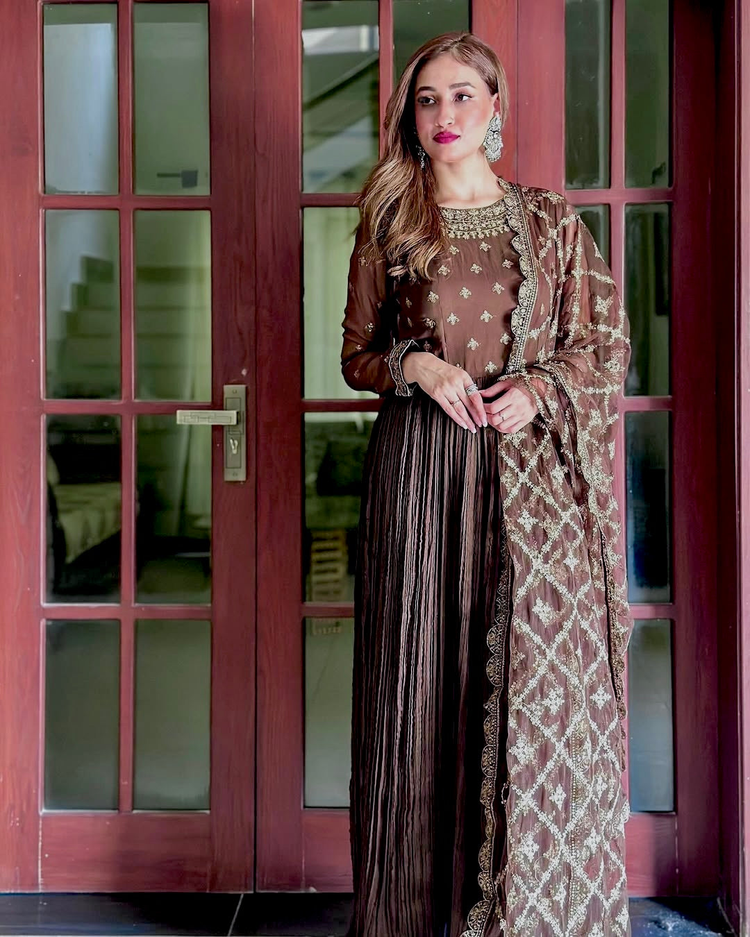 Launching New Party Wear Look Pur Crush Chinon Silk Fancy Gown,Dupatta & Bottom Set