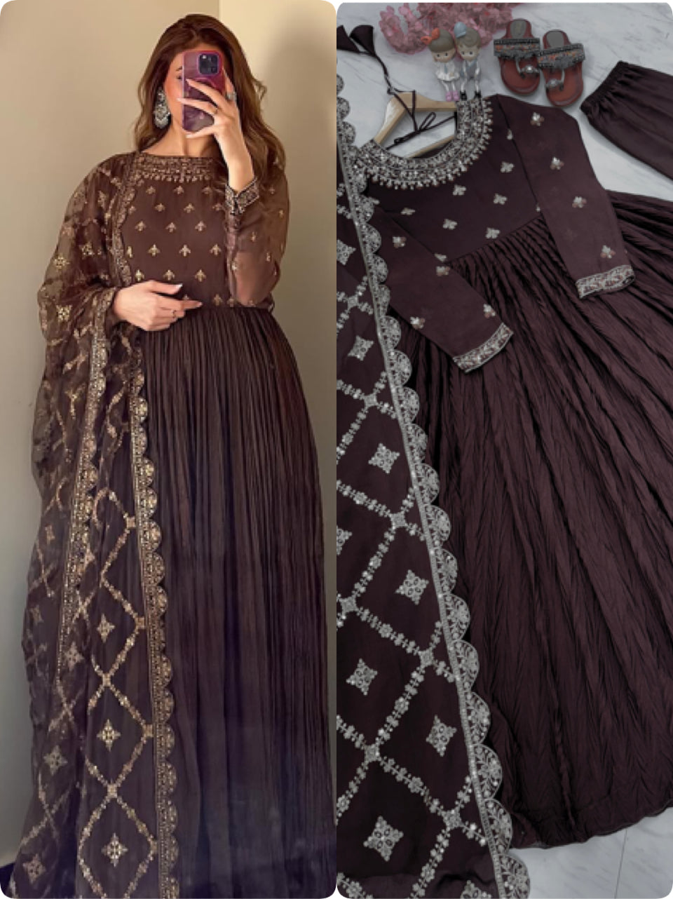 Launching New Party Wear Look Pur Crush Chinon Silk Fancy Gown,Dupatta & Bottom Set